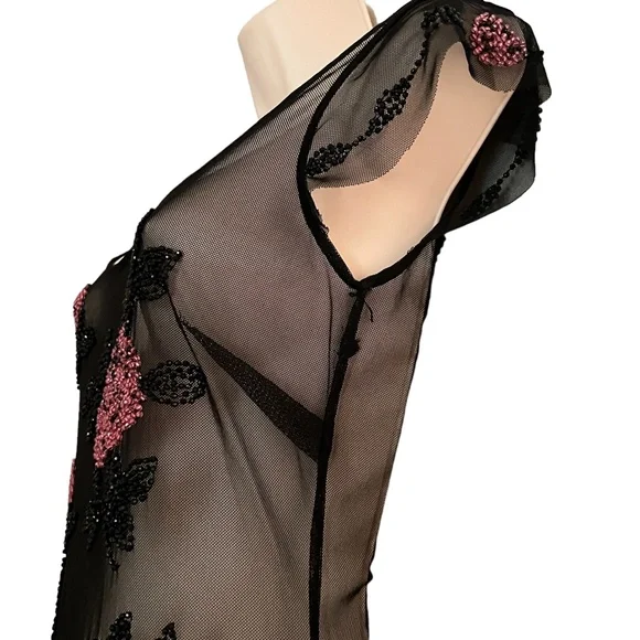 VINTAGE GOWN SUE WONG Beaded Floral on Peekaboo Mesh Underslip Prom Bridal Y2K - Picture 6 of 17